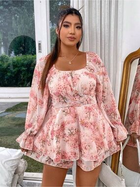 Romper-Pink Floral Ruffled Tiered
